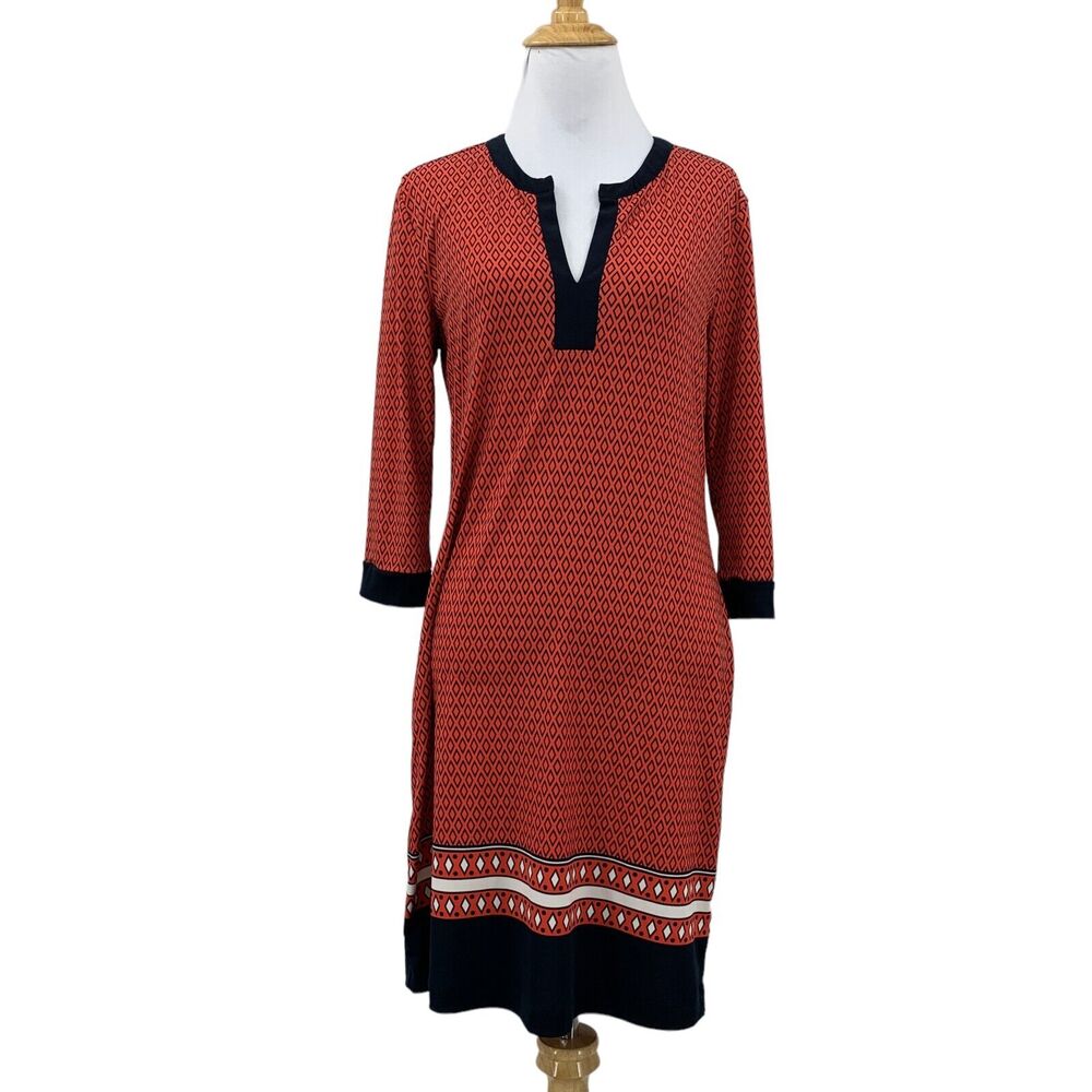 Banana Republic Dress Womens S Small Geometric Split Neck Knee Length 3/4 Sleeve